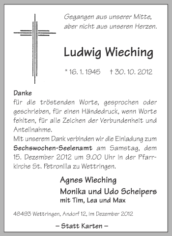 Traueranzeige von Ludwig Wieching von Münstersche Zeitung