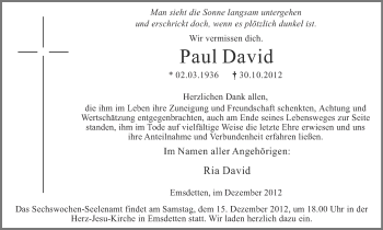 Traueranzeige von Paul David von Münstersche Zeitung und Emsdettener Volkszeitung
