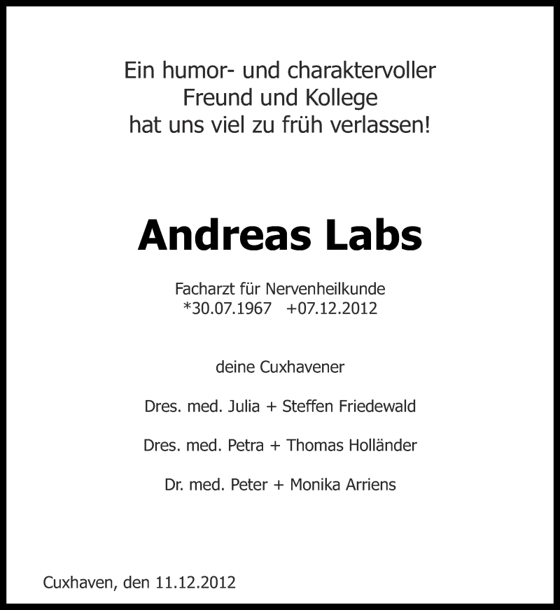 Traueranzeige für Andreas Labs vom 15.12.2012 aus Ruhr Nachrichten
