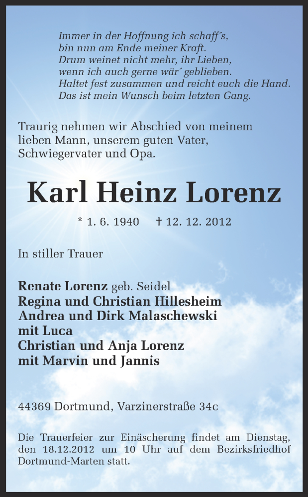  Traueranzeige für Karl Heinz Lorenz vom 15.12.2012 aus Ruhr Nachrichten