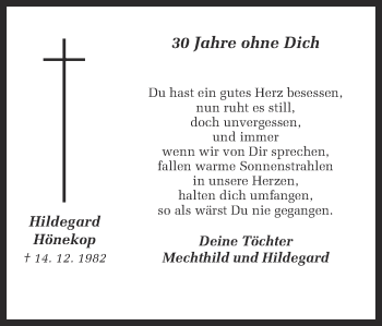 Traueranzeige von Hildegard Hönekop von Ruhr Nachrichten