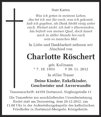 Traueranzeige von Charlotte Röschert von Ruhr Nachrichten