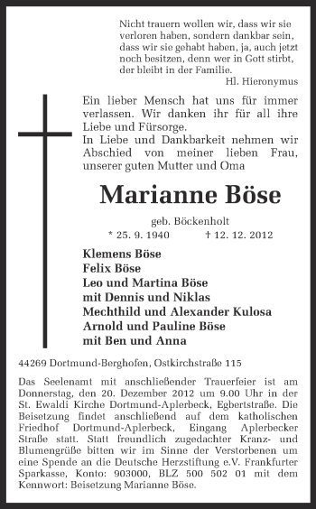 Traueranzeige von Marianne Böse von Ruhr Nachrichten