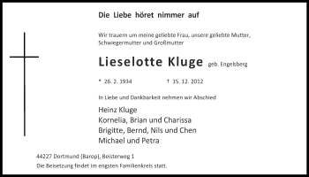 Traueranzeige von Lieselotte Kluge von Ruhr Nachrichten