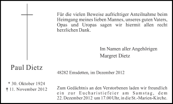 Traueranzeige von Dietz Paul von Münstersche Zeitung und Emsdettener Volkszeitung