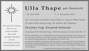 Traueranzeige von Ulla Thape von Ruhr Nachrichten