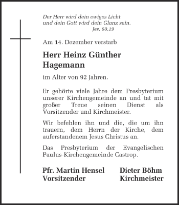 Traueranzeige von Heinz Günter Hagemann von Ruhr Nachrichten