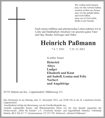 Traueranzeige von Heinrich Paßmann von Ruhr Nachrichten und Halterner Zeitung