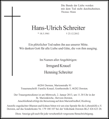 Traueranzeige von Hans-Ulrich Schreiter von Ruhr Nachrichten und Dorstener Zeitung