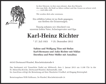 Traueranzeige von Karl-Heinz Richter von Ruhr Nachrichten