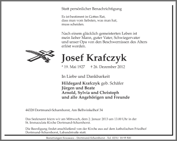 Traueranzeige von Josef Krafczyk von Ruhr Nachrichten