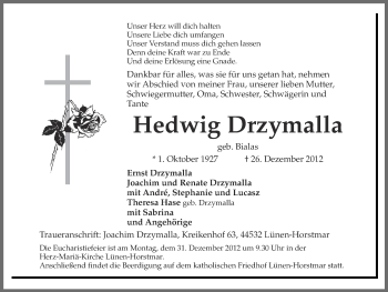 Traueranzeige von Hedwig Drzymalla von Ruhr Nachrichten