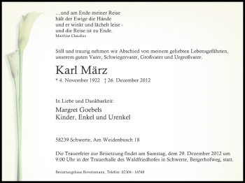 Traueranzeige von Karl März von Ruhr Nachrichten