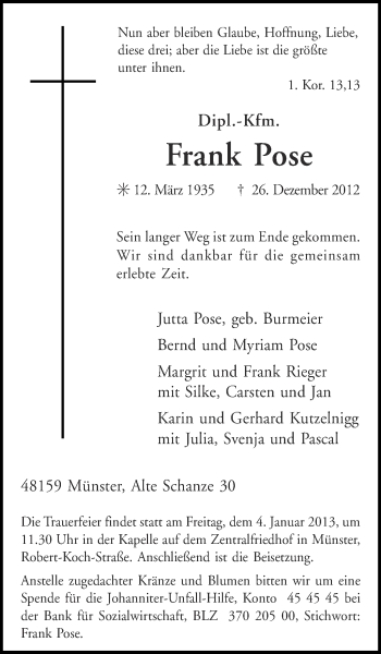 Traueranzeige von Frank Pose von Münstersche Zeitung und Grevener Zeitung