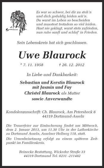 Traueranzeige von Uwe Blaurock von Ruhr Nachrichten