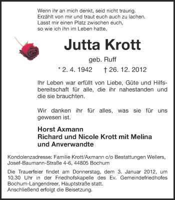 Traueranzeige von Jutta Krott von Ruhr Nachrichten