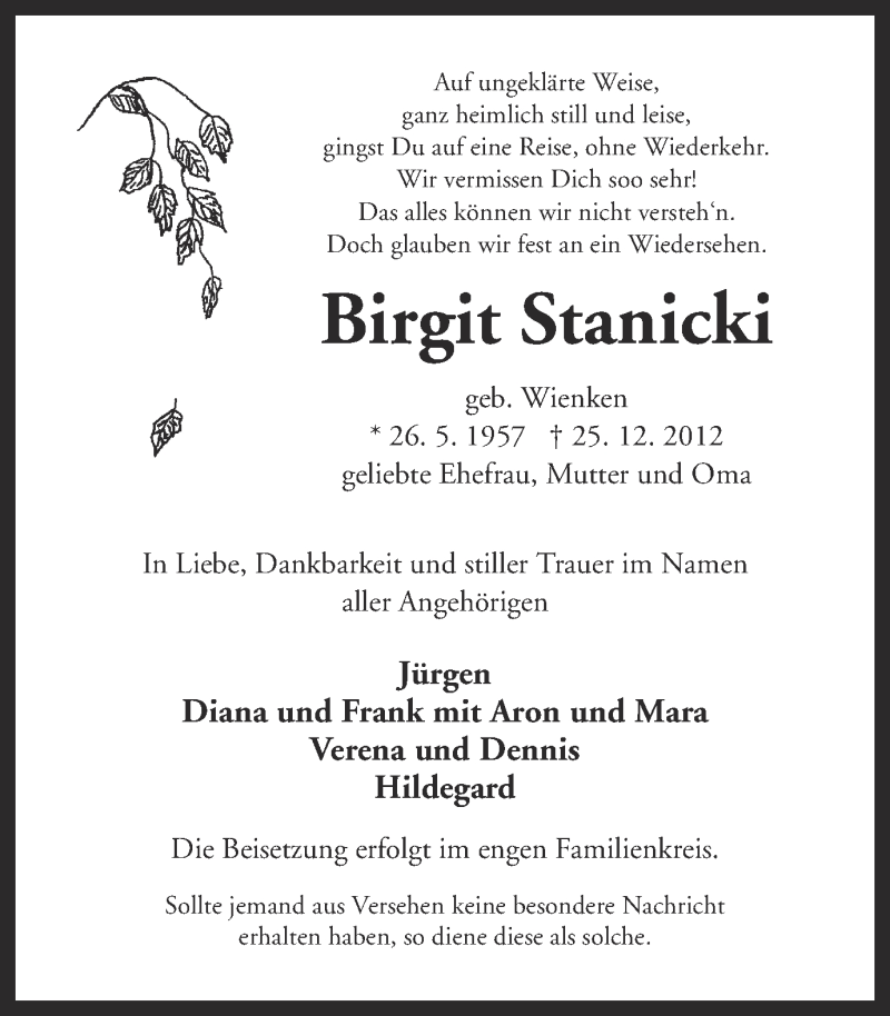  Traueranzeige für Birgit Stanicki vom 29.12.2012 aus Ruhr Nachrichten