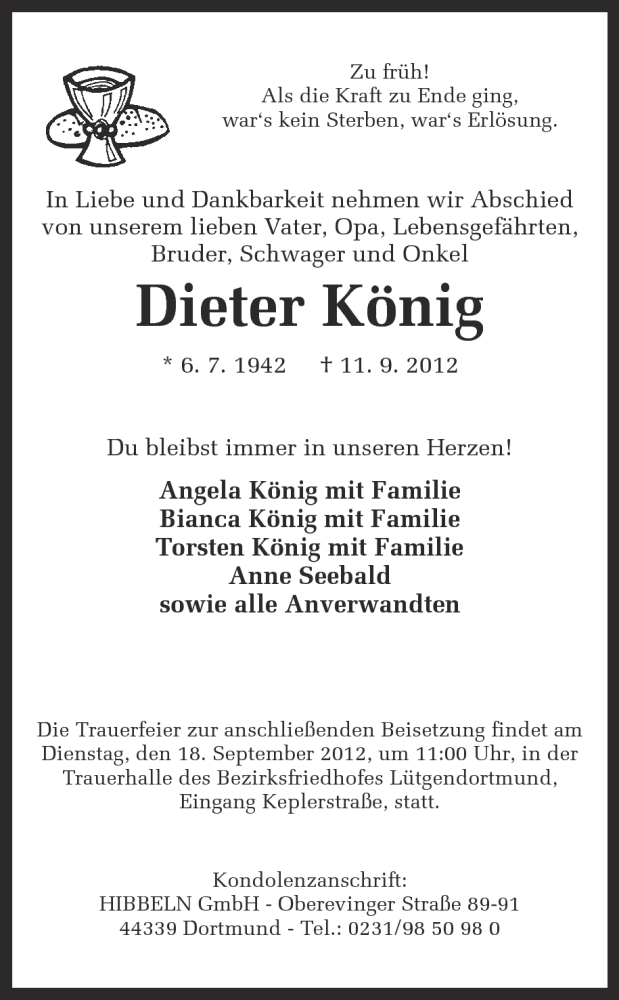  Traueranzeige für Dieter König vom 14.09.2012 aus Ruhr Nachrichten