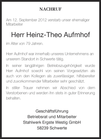 Traueranzeige von Heinz-Theo Aufmhof von Ruhr Nachrichten