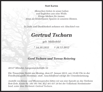 Traueranzeige von Gertrud Tschorn von Münstersche Zeitung und Grevener Zeitung