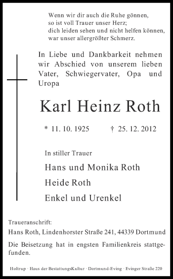 Traueranzeige von Karl Heinz Roth von Ruhr Nachrichten