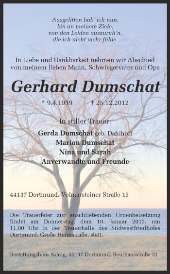 Traueranzeige von Gerhard Dumschat von Ruhr Nachrichten