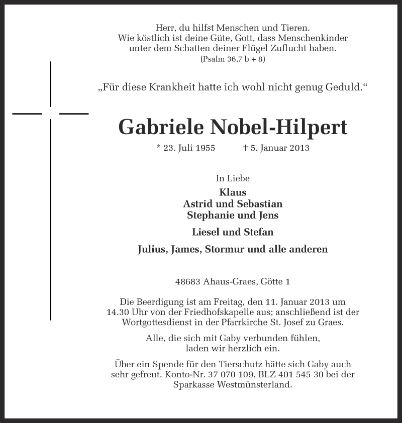  Traueranzeige für Gabriele Nobel-Hilpert vom 08.01.2013 aus Münstersche Zeitung und Münsterland Zeitung