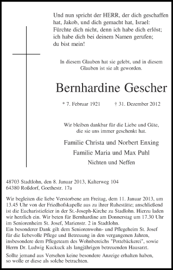 Traueranzeige von Bernhardine Gescher von Münstersche Zeitung und Münsterland Zeitung