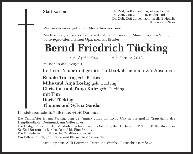  Traueranzeige für Bernd Friedrich Tücking vom 08.01.2013 aus Ruhr Nachrichten