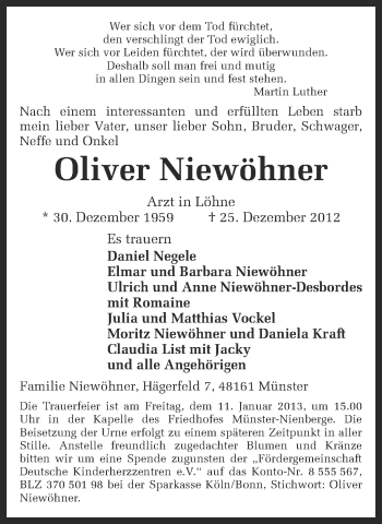 Traueranzeige von Oliver Niewöhner von Münstersche Zeitung und Grevener Zeitung