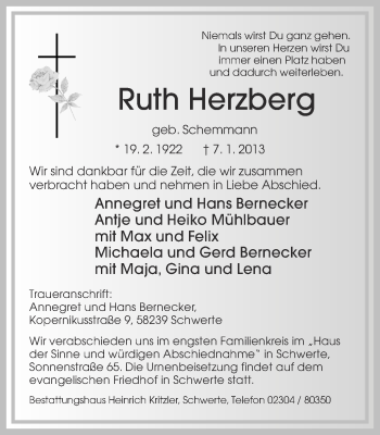 Traueranzeige von Ruth Herzberg von Ruhr Nachrichten