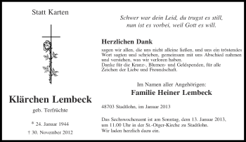 Traueranzeige von Klärchen Lembeck von Münstersche Zeitung und Münsterland Zeitung