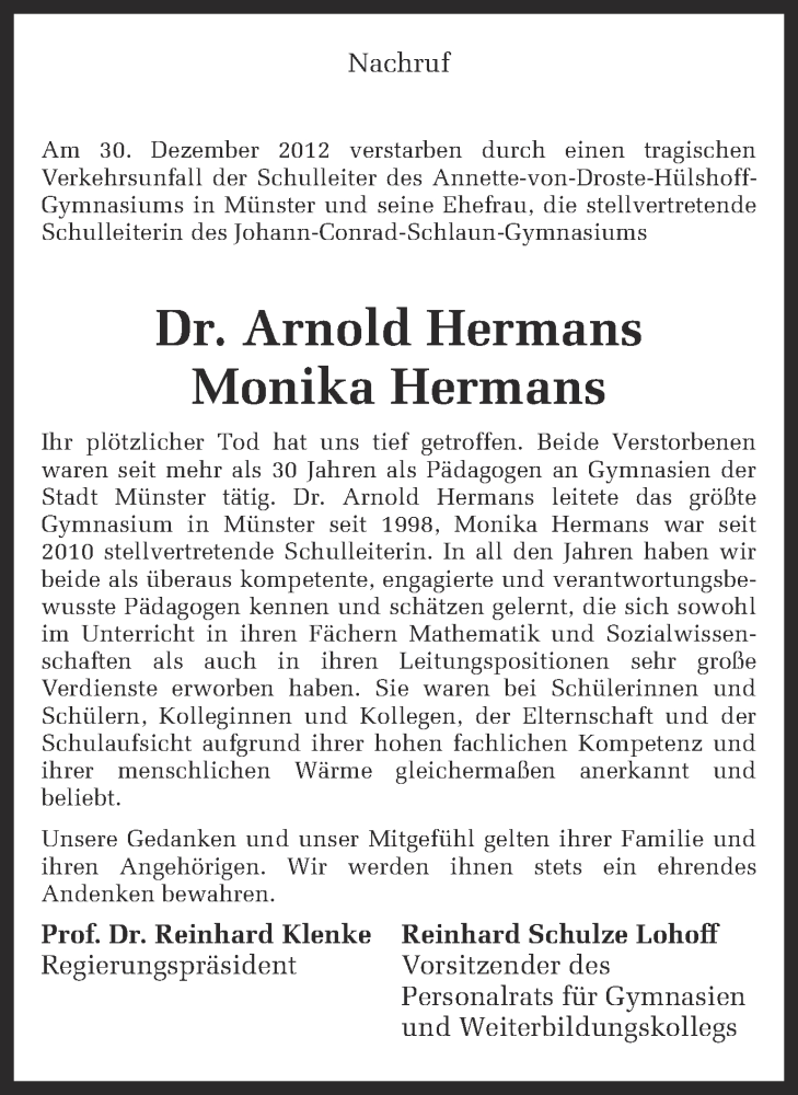  Traueranzeige für Arnold und Monika Hermans vom 09.01.2013 aus Münstersche Zeitung und Grevener Zeitung