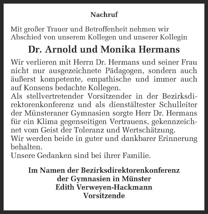  Traueranzeige für Arnold und Monika Hermans vom 09.01.2013 aus Münstersche Zeitung und Grevener Zeitung