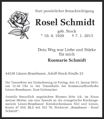 Traueranzeige von Rosel Schmidt von Ruhr Nachrichten
