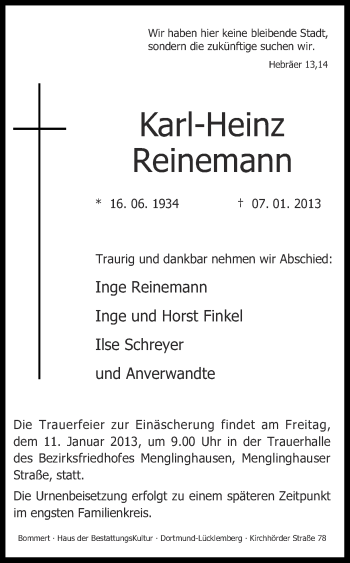 Traueranzeige von Karl-Heinz Reinemann von Ruhr Nachrichten