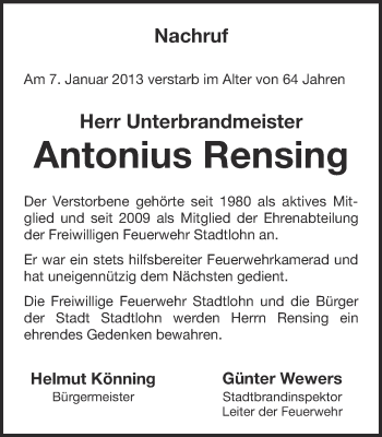 Traueranzeige von Antonius Rensing von Münstersche Zeitung und Münsterland Zeitung