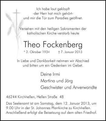 Traueranzeige von Theo Fockenberg von Ruhr Nachrichten und Dorstener Zeitung
