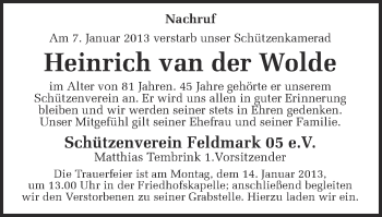 Traueranzeige von Heinrich van der Wolde von Münstersche Zeitung und Münsterland Zeitung
