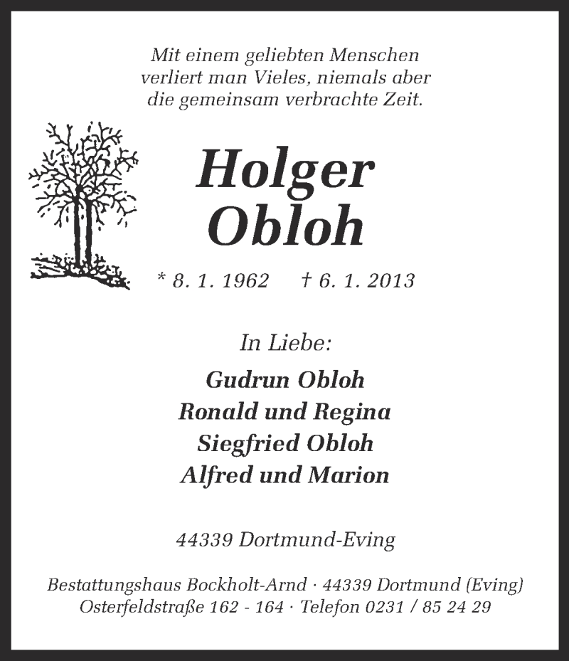  Traueranzeige für Holger Obloh vom 12.01.2013 aus Ruhr Nachrichten