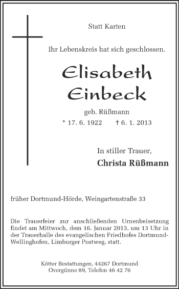 Traueranzeige von Elisabeth Einbeck von Ruhr Nachrichten