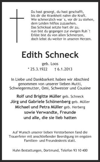 Traueranzeige von Edith Schneck von Ruhr Nachrichten