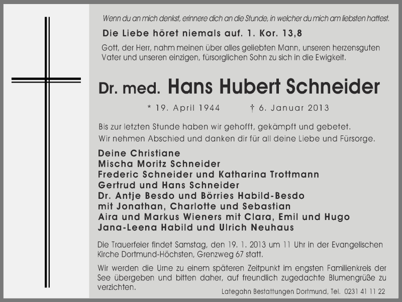  Traueranzeige für Hans Hubert Schneider vom 12.01.2013 aus Ruhr Nachrichten