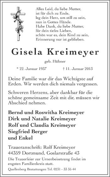 Traueranzeige von Gisela Kreimeyer von Ruhr Nachrichten