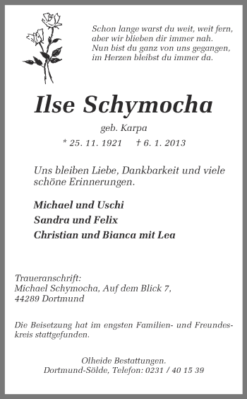 Traueranzeige von Ilse Schymocha von Ruhr Nachrichten