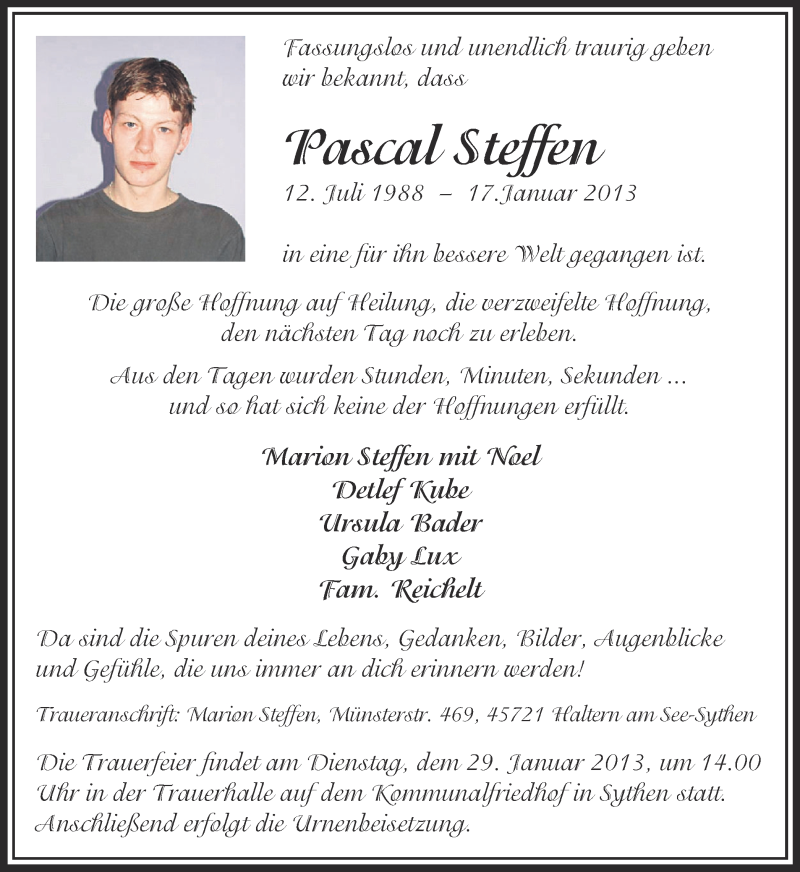 Traueranzeige für Pascal Steffen vom 23.01.2013 aus Ruhr Nachrichten und Halterner Zeitung