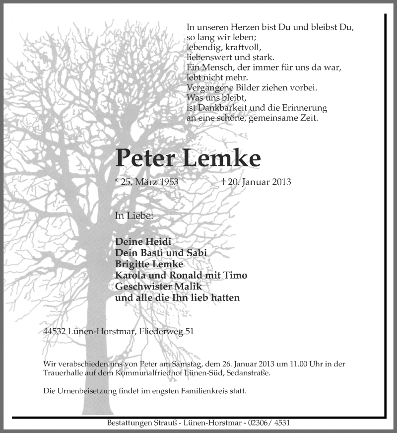  Traueranzeige für Peter Lemke vom 23.01.2013 aus Ruhr Nachrichten