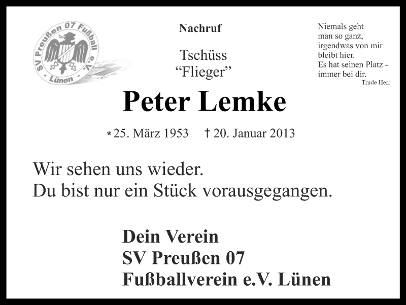  Traueranzeige für Peter Lemke vom 24.01.2013 aus Ruhr Nachrichten