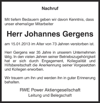 Traueranzeige von Johannes Gergens von Ruhr Nachrichten und Dorstener Zeitung