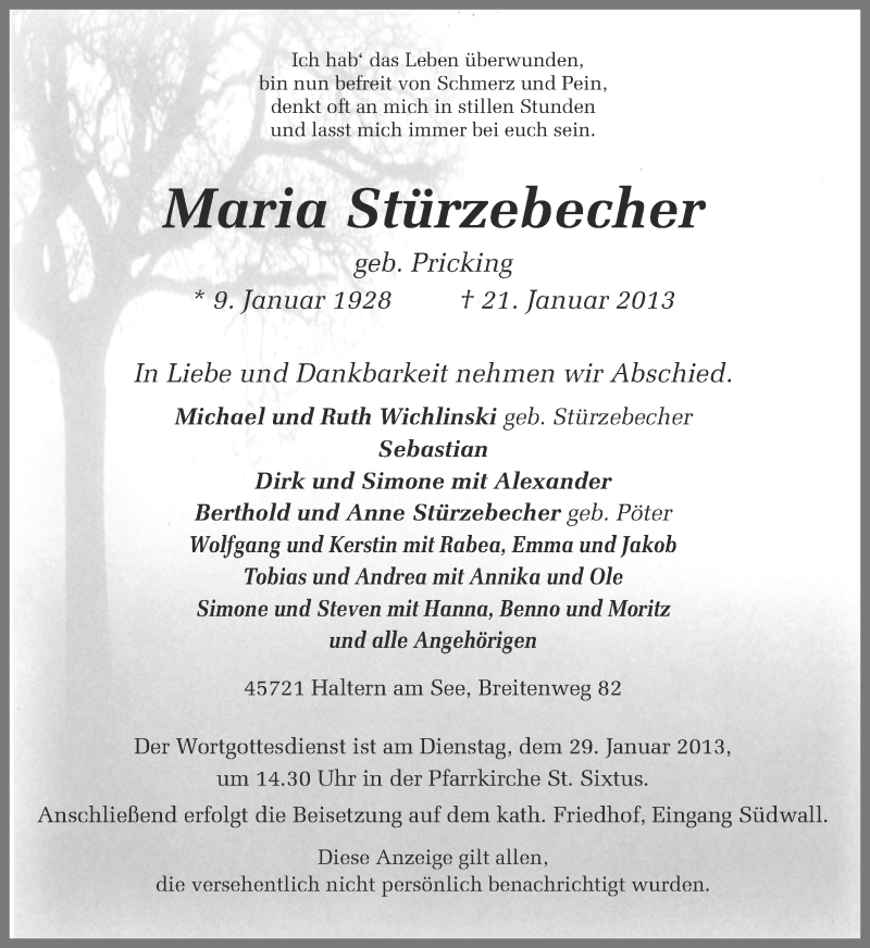  Traueranzeige für Maria Stürzebecher vom 24.01.2013 aus Ruhr Nachrichten und Halterner Zeitung